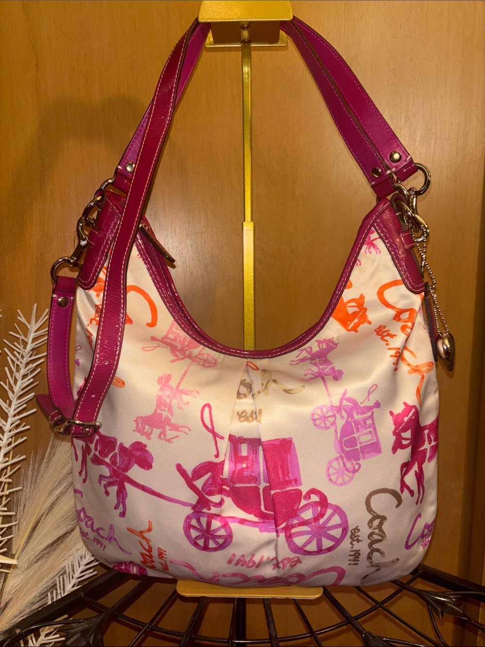 Coach Poppy Horse and Carriage Hobo with Pink and Orange Signature Print